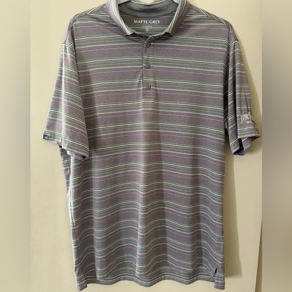 MATTE GREY Men’s Jim Beam Black Golf Gray,White,Purple,Striped Polo. Size XL